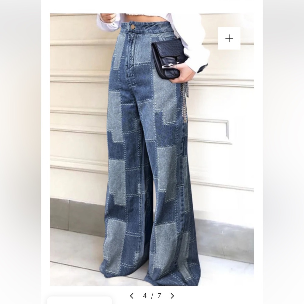 Wide Leg Patchwork Pattern Jeans